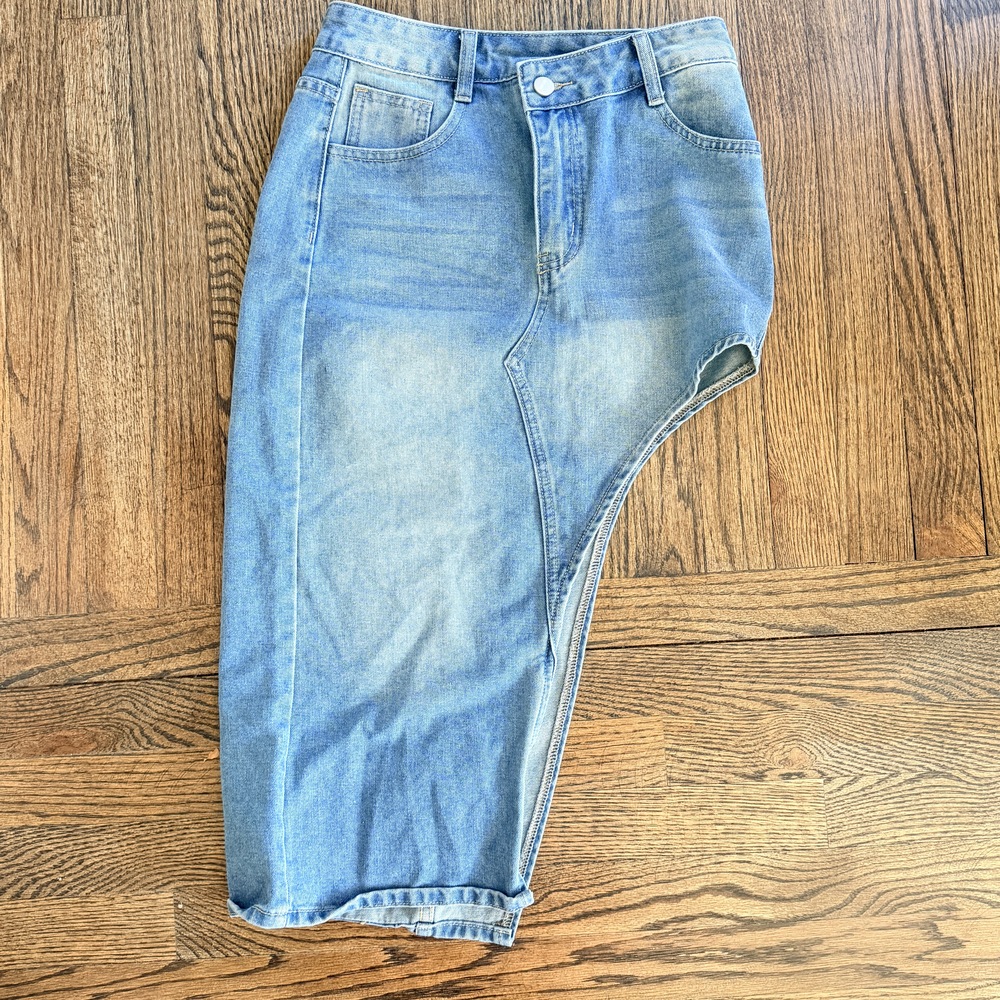 Shein Edgy denim midi skirt asymmetrical high lo in Blue